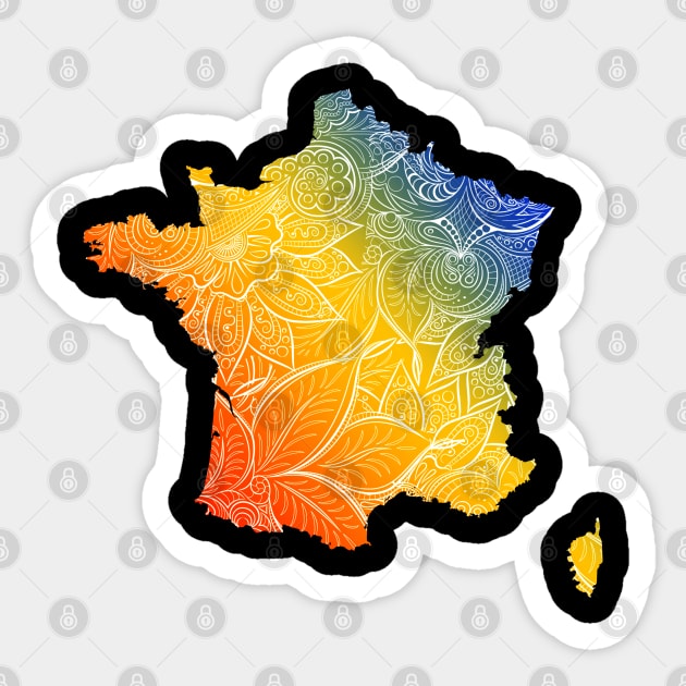 Colorful mandala art map of France with text in blue, yellow, and red Sticker by Happy Citizen